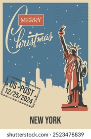 Tarjeta de felicitación de Navidades alegres, Nueva estatua de la libertad del Lugar famoso de York, ilustración retro del estilo de la postal. Paisaje urbano, nevada, impresiones postales