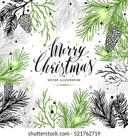 Merry Christmas greeting card with new years tree and calligraphic sigh Merry Christmas. Vector holiday illustration.