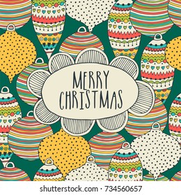 Merry Christmas greeting card with new year toys.