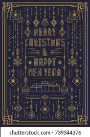 Merry Christmas greeting card with new year toy art deco line style gold color on cyan background for party, flyer, poster, invitation. Vector Illustration