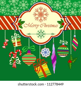 Merry Christmas Greeting Card with Christmas Objects on Green Background, Vector Illustration
