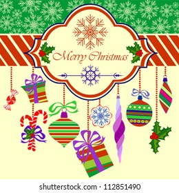 Merry Christmas Greeting Card with Christmas Objects on Light Yellow Background, Vector Illustration