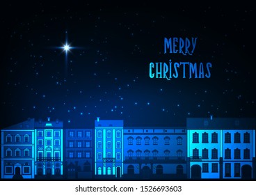 Merry Christmas greeting card with old European town buildings, starry sky and Bethlehem star and text on dark blue background.  Christmas holidays tourism concept. Modern design vector illustration.