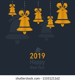 Merry Christmas greeting card on dark blue background. Yellow paper bells holding. Happy New Year 2019.