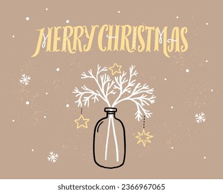 Feliz tarjeta de felicitación navideña sobre papel marrón kraft, jarrón dibujado a mano con ramas decoradas en blanco. Ilustración de feriados vectoriales con letras.