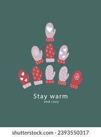 Merry Christmas greeting card on a New Year's theme. Mittens with vintage winter ornament. Green background and mittens arranged in the shape of a Christmas tree
