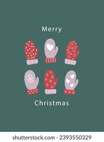 Merry Christmas. Greeting card on a New Year's theme. Mittens with vintage winter ornament. Green background and colorful mittens
