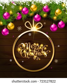 Merry Christmas greeting card. On wooden background. Vector illustration