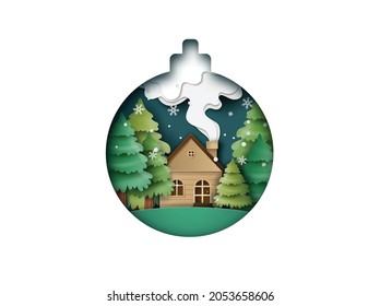 merry christmas greeting card with origami made christmas tree and home ,paper art and craft style