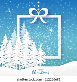 Merry Christmas Greeting card. Origami Xmas Tree, Snowy landscape. Gift box with bow. Blue background. Garland. Paper art style. Vector illustration