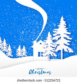 Merry Christmas Greeting card. Origami Xmas Tree, Snowy landscape.Blue polygonal background. Sweet home. Paper art style. Vector illustration
