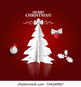 Merry Christmas greeting card with origami Christmas tree, vector illustration.