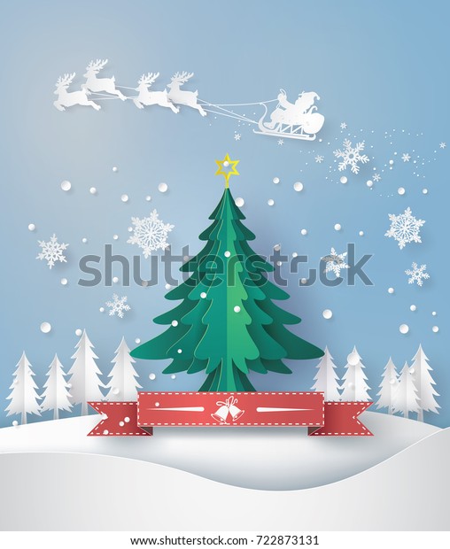 merry christmas\
greeting card with origami made christmas tree and snow flake.\
paper art and  digital craft\
style