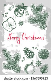 Merry Christmas Greeting card. Ornament items with winter holiday symbols isolated on a watercolor background. Hand Drawn vector illustration.