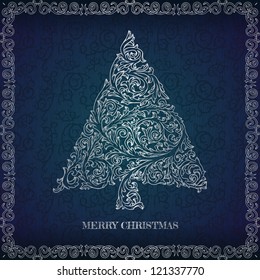 Merry Christmas greeting card with ornate tree