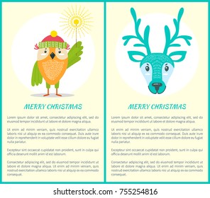 Merry Christmas greeting card with owl in knitted winter hat holds sparkler on long stick and horned reindeer isolated vector illustration on white