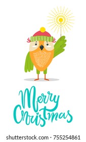 Merry Christmas greeting card with Owl in knitted winter hat with bright sparkler on long stick isolated vector illustration on white background. Funny animal celebrates Christmas.
