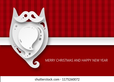 Merry Christmas greeting card with paper hipster Santa Claus beard and mustache. Modern paper cut style background.  Vector illustration