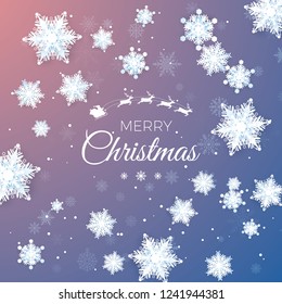 Merry Christmas greeting card. Paper Snowflakes pattern background and greeting text. Origami snowfall. Winter snowflakes background. Holidays decoration element. Vector illustration