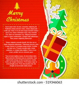 Merry Christmas greeting card with paper jingle bell gift fir tree snowflake sketch icons pattern vector illustration