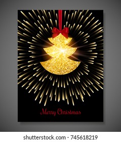 Merry Christmas greeting card with paper glitter christmas tree and lights. Vector design. Happy New year party invitation