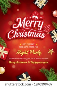 Merry christmas greeting card and party on red background invitation theme concept. Happy holiday design template.