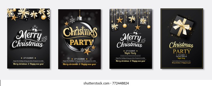 Merry christmas greeting card and party invitations on black background. Vector illustration element for happy new year flyer brochure design.