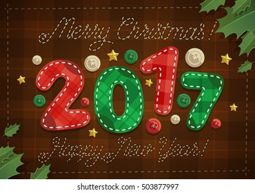 Merry Christmas greeting card with patchwork year number.