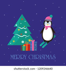 Merry Christmas greeting card with penguin on skiing with present and tree . Flat style of icons for presents, invitation, children room decor, interior design.