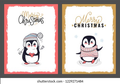 Merry Christmas greeting card with penguin in the warm hat that holding lovely red heart. Vector joyfull penguin wearing knitted striped sweater