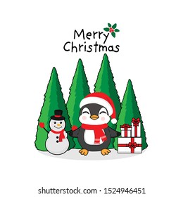 Merry Christmas Greeting Card. Penguin,  snowman, gift box and Christmas tree.