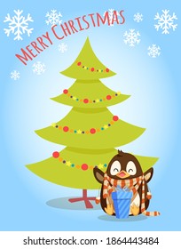 Merry Christmas greeting card and penguin in scarf with present box near decorated tree. Arctic bird in winter clothes with gift. Animal celebrating holidays
