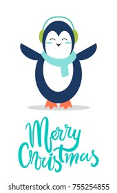 Merry Christmas greeting card with penguin in soft earpieces and warm scarf stands with spread wings and closed eyes isolated cartoon vector postcard