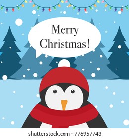 Merry Christmas greeting card. Penguin talks. Word bubble. Greeting card. Winter landscape. Christmas lights. Vector illustration.