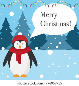 Merry Christmas greeting card. Penguin talks. Word bubble. Greeting card. Winter landscape. Christmas lights. Vector illustration.