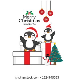 Merry Christmas Greeting Card. Penguins sitting on a gift box.