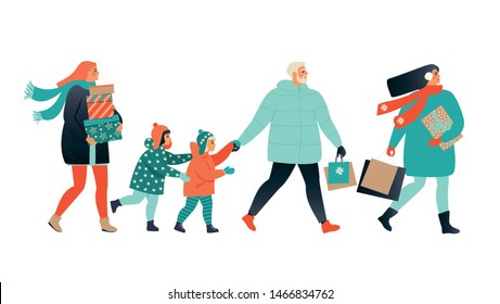 Merry Christmas greeting card with people walking and carrying present boxes. Xmas winter poster collection.