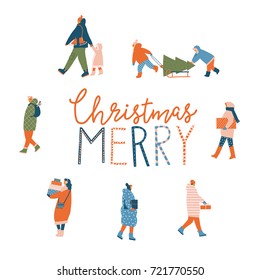 Merry Christmas greeting card with people walking and carrying present boxes. Xmas winter poster collection