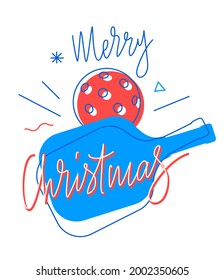 Merry christmas greeting card with pickleball ball. Xmas poster or invitation. Vector illustration.