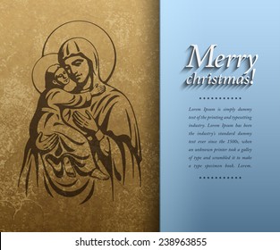 Merry Christmas greeting card a picture of Blessed Virgin Mary and baby Jesus Christ, Xmas background, Vector illustration Eps 10