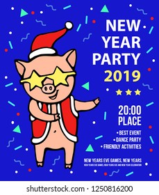Merry Christmas greeting card with Pig in a Santa's clothes, a red cap and star glasses. 2019 year of the pig. Christmas party poster, hand drawn print. Vector illustration
