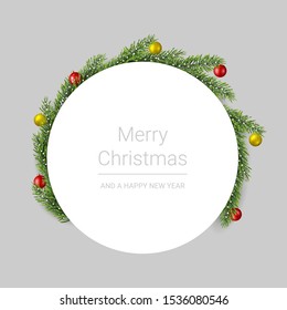 Merry christmas greeting card with pine branches and christmas balls on gray background, vector illustration