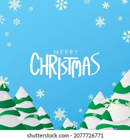 Merry Christmas Greeting Card. Pine Tree and Falling Snows on Blue Sky Background Vectors design. Poster, Card, and Decoration 