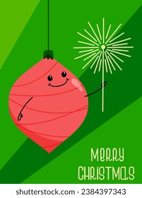 Merry Christmas greeting card. Pink Christmas ball holds sparkler. Festive cute new year poster