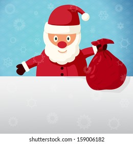 Merry Christmas greeting card with place for your text. Santa Claus standing with sack of presents. Vector.