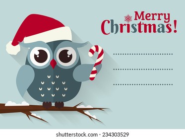 Merry Christmas! Greeting card with place for text. Flat owl with candy cane and santa hat. Vector illustration.
