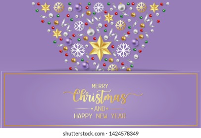 Merry Christmas greeting card, postcard, Poster with red, gold and green balls, shiny ribbon andsnow flake on purple background. Vector illustration