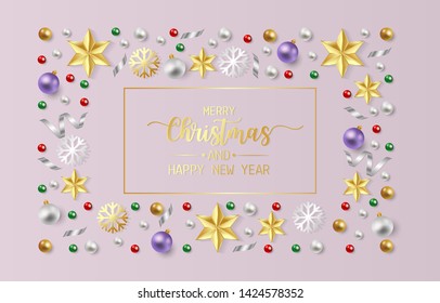 Merry Christmas greeting card, postcard, Poster with red, gold and green balls, shiny ribbon andsnow flake on purple background. Vector illustration