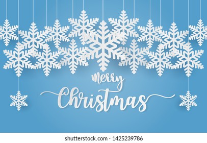 Merry christmas greeting card, postcard with snowflake on blue background. Paper cut style