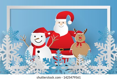 Merry christmas greeting card, postcard with santa claus, snowman, reindeer and snowflake on blue background. Paper cut style